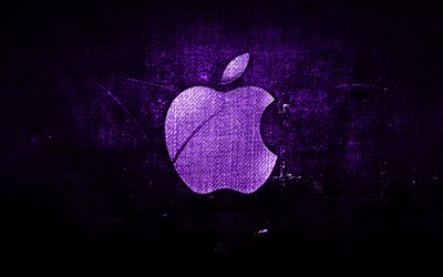 Apple viola logo, viola sfondo in tessuto, Apple, creative, Apple denim logo, grunge, arte, logo Apple