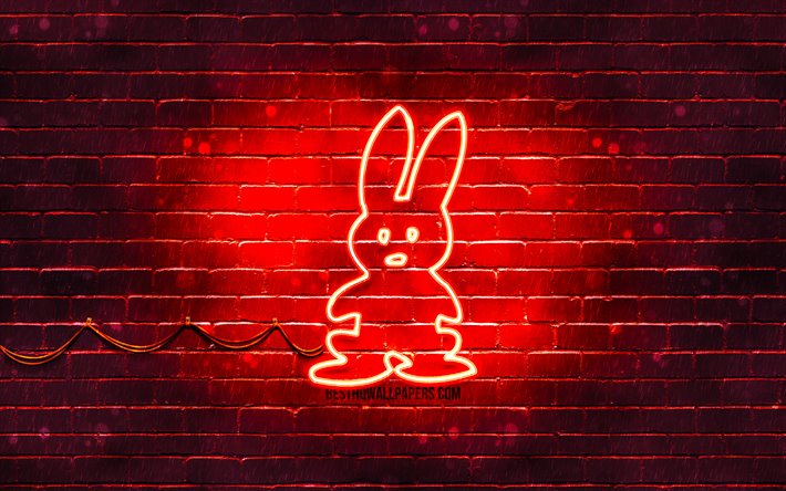 Rabbit neon sign, 4k, chinese zodiac, red brickwall, Rabbit zodiac, animals signs, Chinese calendar, creative, Rabbit zodiac sign, Chinese Zodiac Signs, Rabbit