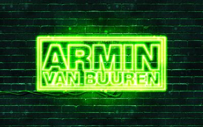Armin van Buuren logotipo verde, 4k, superstars, holand&#234;s DJs, verde brickwall, Armin van Buuren logotipo, estrelas da m&#250;sica, Armin van Buuren neon logotipo, Armin van Buuren