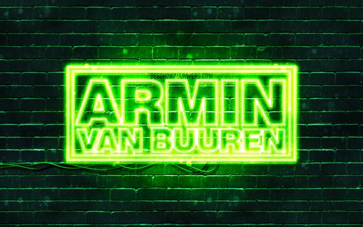 Armin van Buuren, verde, logo, 4k, superstar, olandese dj, brickwall, Armin van Buuren logo di star della musica, neon logo