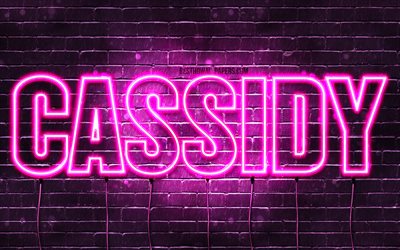 Cassidy, 4k, wallpapers with names, female names, Cassidy name, purple neon lights, horizontal text, picture with Cassidy name