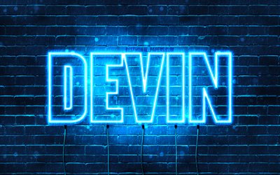 Devin, 4k, isimler Devin adı ile, yatay metin, Devin ismi, mavi neon ışıkları, resimli duvar kağıtları