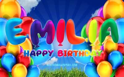 Emilia Happy Birthday, 4k, cloudy sky background, popular german female names, Birthday Party, colorful ballons, Emilia name, Happy Birthday Emilia, Birthday concept, Emilia Birthday, Emilia