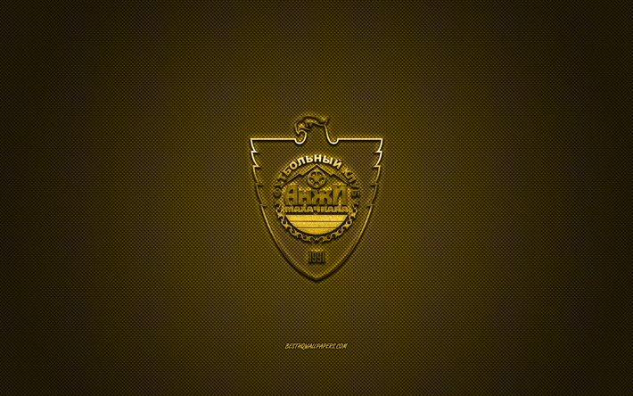 FC Anzhi Makhachkala, Russian football club, Russian Premier League, yellow logo, yellow carbon fiber background, football, Makhachkala, Russia, FC Anzhi logo