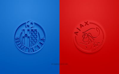 Getafe vs Ajax, la UEFA Europa League, logos en 3D, materiales promocionales, azul-rojo de fondo, Europa League, partido de f&#250;tbol, Ajax FC, el Getafe CF
