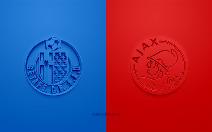 Getafe vs Ajax, de l&#39;UEFA Europa League, logos 3D, du mat&#233;riel promotionnel, de bleu sur fond rouge, Europa League, match de football, Ajax FC Getafe CF