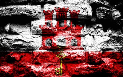 Gibraltar flag, grunge brick texture, Flag of Gibraltar, flag on brick wall, Gibraltar, Europe, flags of european countries
