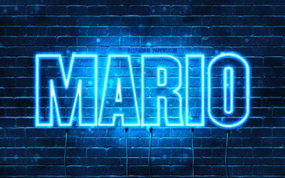 Mario, 4k, isim Mario adı ile, yatay metin, Mario adı, mavi neon ışıkları, resimli duvar kağıtları