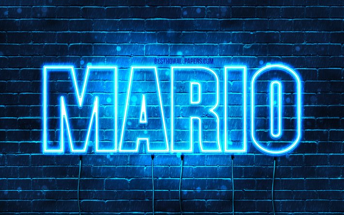 Mario, 4k, taustakuvia nimet, vaakasuuntainen teksti, Mario nimi, blue neon valot, kuvan Mario nimi