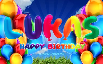 Lukas Happy Birthday, 4k, cloudy sky background, popular german male names, Birthday Party, colorful ballons, Lukas name, Happy Birthday Lukas, Birthday concept, Lukas Birthday, Lukas