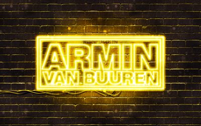 Armin van Buuren keltainen logo, 4k, supert&#228;hti&#228;, hollantilainen Dj, keltainen brickwall, Armin van Buuren-logo, musiikin t&#228;hdet, Armin van Buuren neon-logo, Armin van Buuren