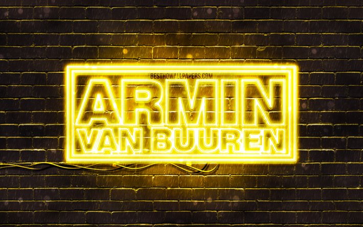 Armin van Buuren un logo jaune, 4k, superstar, n&#233;erlandais dj, jaune, brickwall, Armin van Buuren logo stars de la musique, Armin van Buuren, fluo logo