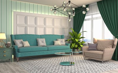 غرفة المعيشة, الكلاسيكية نمط التصميم الداخلي, غرفة المعيشة الخضراء, الكلاسيكية نمط غرفة المعيشة المشروع, الأخضر الرجعية أريكة