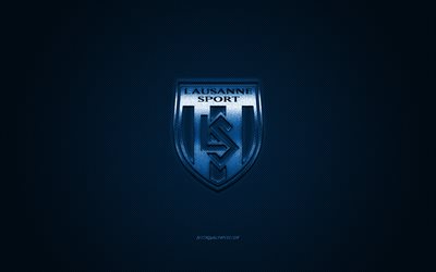 fc lausanne-sport, schweizer fu&#223;ball-club, schweizer super league, blaues logo, blau-carbon-faser-hintergrund, fu&#223;ball, lausanne, schweiz, fc lausanne-sport-logo