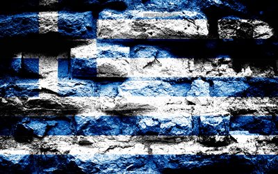 Grekland flagga, grunge tegel konsistens, Flagga Grekland, flaggan p&#229; v&#228;ggen, Grekland, Europa, flaggor f&#246;r europeiska l&#228;nder