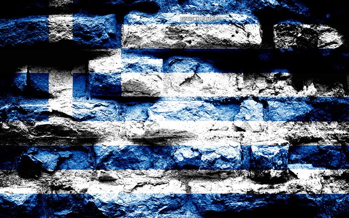 Greece flag, grunge brick texture, Flag of Greece, flag on brick wall, Greece, Europe, flags of european countries