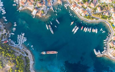 bay, yachts, top view, bay aero view, view from above, Mediterranean Sea, summer, Greece, sailboats