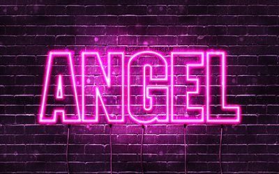 Angel, 4k, wallpapers with names, female names, Angel name, purple neon lights, horizontal text, picture with Angel name