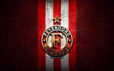 Nous allons en &#233;quipe, le logo dor&#233;, Premier league, rouge, m&#233;tal, fond, football, Feyenoord Rotterdam, un club de foot n&#233;erlandais, logos d&#39;&#201;quipe, de football aux pays-bas