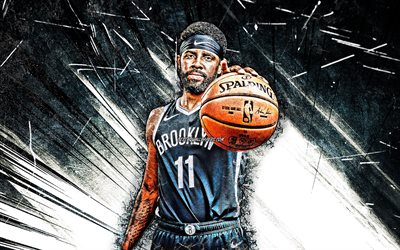 4k, Kyrie Irving, grunge arte, NBA, Brooklyn Nets, estrelas de basquete, Kyrie Andrew Irving, basquete, preto resumo raios, O Brooklyn Nets, 2020, 4K