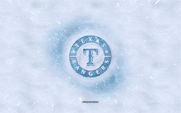 Texas Rangers logotipo, American club de b&#233;isbol de invierno conceptos, MLB, Rangers de Texas logotipo de hielo, nieve textura, de Arlington, Texas, estados UNIDOS, nieve de fondo, Rangers de Texas, b&#233;isbol