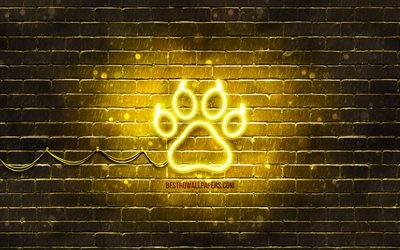 Cat paw neon icon, 4k, yellow background, neon symbols, Cat paw, creative, neon icons, Cat paw sign, animals signs, Cat paw icon, animals icons
