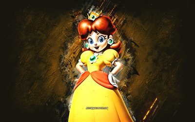 Princess Daisy, Super Mario, Mario Party Star Rush, tecken, gul sten bakgrund, Super Mario huvudpersonerna, Prinsessan Daisy Super Mario