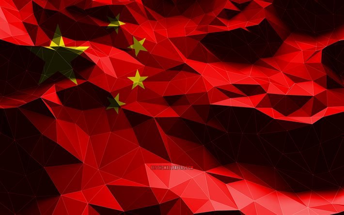 4k, bandeira chinesa, baixa poliarte, pa&#237;ses asi&#225;ticos, s&#237;mbolos nacionais, bandeira da China, bandeiras 3D, China, &#193;sia, Bandeira 3D da China