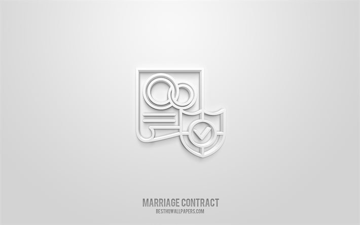 Icona 3d del contratto di matrimonio, sfondo bianco, simboli 3d, contratto di matrimonio, icone di matrimonio, icone 3d, firma del contratto di matrimonio, icone 3d del matrimonio