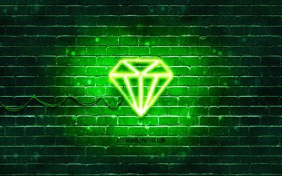 Icona al neon color smeraldo, 4k, gemma verde, simboli al neon, Smeraldo, gemme, icone al neon, segno smeraldo, segni di gemme, sfondo verde, icona smeraldo, icone gemme