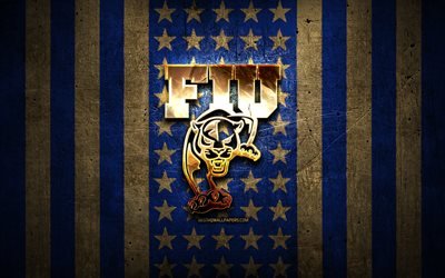 FIU Panthers flag, NCAA, blue brown metal background, american football team, FIU Panthers logo, USA, american football, golden logo, FIU Panthers