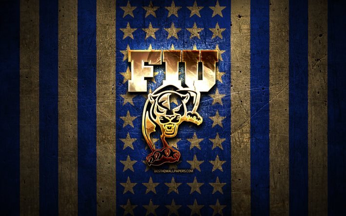 FIUパンサーズフラグ, 全米大学体育協会, 青茶色の金属の背景, アメリカンフットボール, FIUPanthersのロゴ, 米国, 黄金のロゴ, FIUパンサーズ