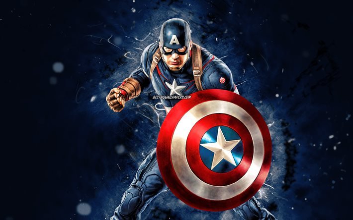Captain America, 4k, siniset neonvalot, supersankarit, Marvel Comics, Steven Rogers, Captain America 4K, Cartoon Captain America