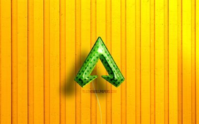 Apex Legends 3D logo, 4K, green realistic balloons, yellow wooden backgrounds, games brands, Apex Legends logo, Apex Legends