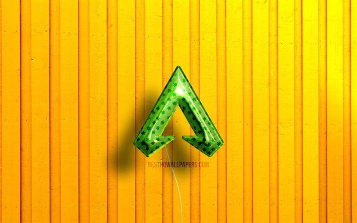 Logo 3D Apex Legends, 4K, palloncini realistici verdi, sfondi in legno giallo, marchi di giochi, logo Apex Legends, Apex Legends