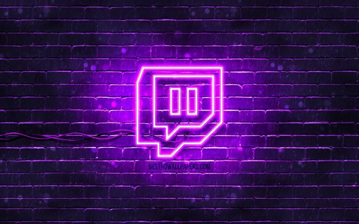 Twitch mor logosu, 4k, mor brickwall, Twitch logosu, sosyal ağlar, Twitch neon logosu, Twitch