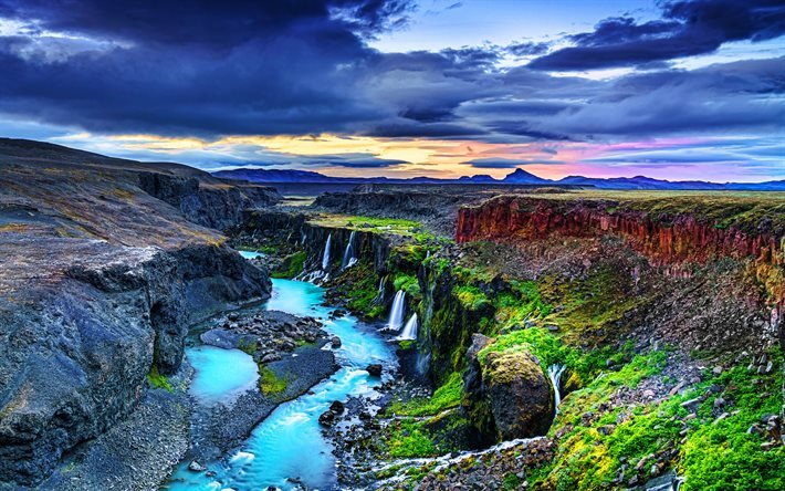 Sigoldugljufur, 4k, sininen joki, kanjoni, kaunis luonto, HDR, Islanti, Eurooppa