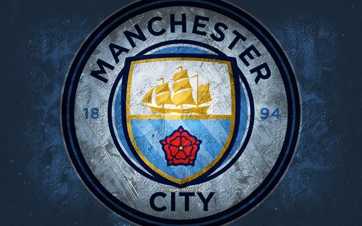 Manchester City FC, İngiliz futbol kul&#252;b&#252;, mavi taş arka plan, Manchester City FC logosu, grunge sanat, Premier Lig, futbol, İngiltere, Manchester City FC amblemi