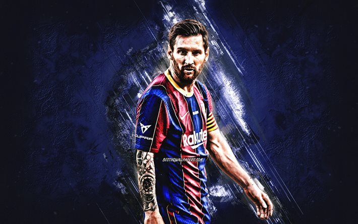 Lionel Messi, FC Barcelona, blue stone background, Leo Messi, La Liga, Spain, football, football stars
