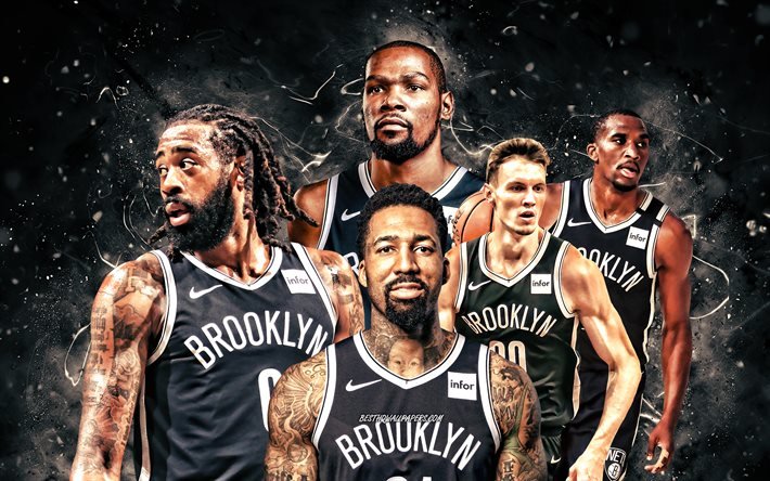 Wilson Chandler, DeAndre Jordan, Kevin Durant, Rodions Kurucs, Jeremiah Martin, 4k, Brooklyn Nets, basketball, NBA, white neon lights, basketball stars