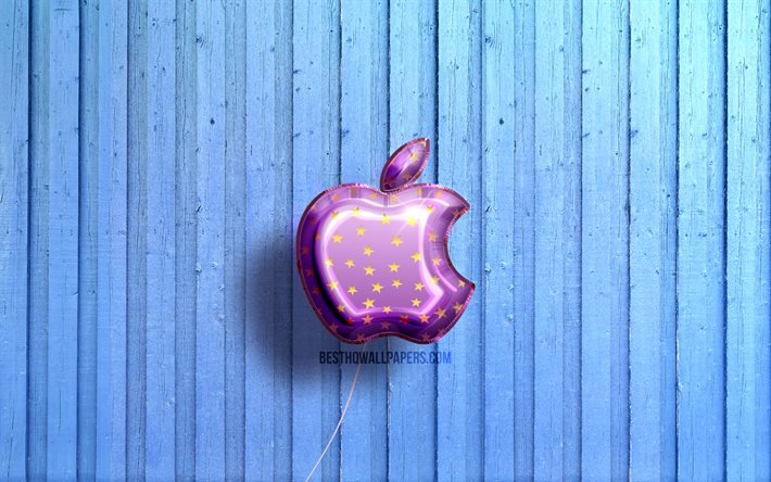 4k, logo Apple, palloncini realistici viola, logo 3D Apple, sfondi in legno blu, Apple