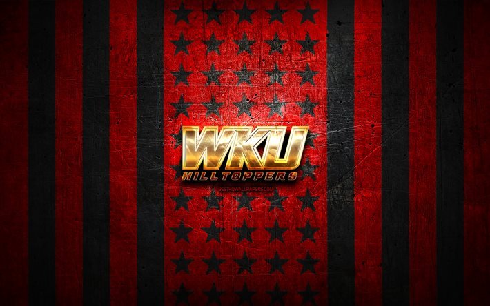 Bandeira do Western Kentucky Hilltoppers, NCAA, fundo vermelho e preto met&#225;lico, time de futebol americano, logotipo do Western Kentucky Hilltoppers, EUA, futebol americano, logotipo dourado, Western Kentucky Hilltoppers