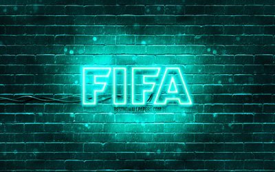 FIFA turquoise logo, 4k, turquoise brickwall, FIFA logo, football simulator, FIFA neon logo, FIFA