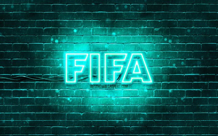 FIFAターコイズロゴ, 4k, ターコイズブリックウォール, FIFAロゴ, サッカーシミュレーター, FIFAネオンロゴ, 国際サッカー連盟