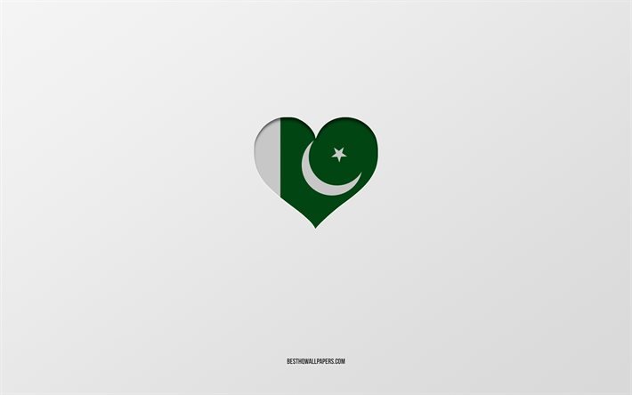 J&#39;aime le Pakistan, les pays d&#39;Asie, le Pakistan, le fond gris, le coeur du drapeau du Pakistan, le pays pr&#233;f&#233;r&#233;, l&#39;amour du Pakistan