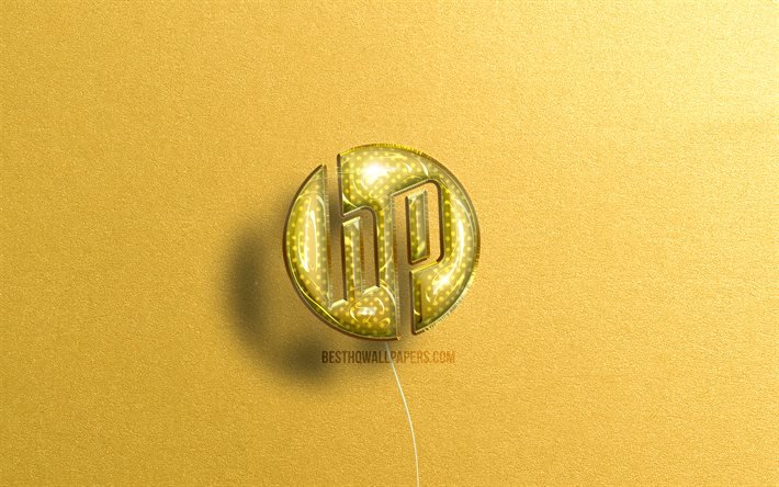 Logo HP 3D, palloncini realistici gialli, 4k, Hewlett-Packard, logo HP, logo Hewlett-Packard, sfondi in pietra gialla, HP
