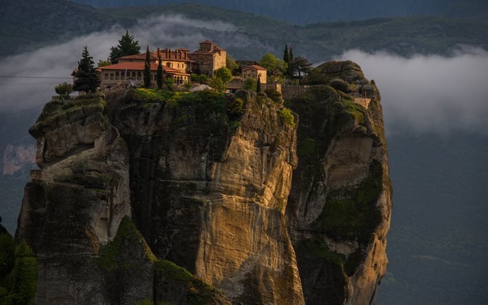 Meteora, Eastern Orthodox monasteries, Meteora monasteries, Monastery of Varlaam, evening, sunset, monasteries on the rocks, Thessaly, Greece