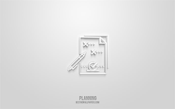 Icona di pianificazione 3d, sfondo bianco, simboli 3d, pianificazione, icone di affari, icone 3d, segno di pianificazione, icone 3d di affari