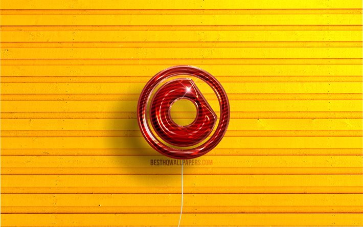 Logo Nicky Romero, 4K, Nick Rotteveel, palloncini realistici rossi, DJ olandesi, logo 3D Nicky Romero, sfondi in legno gialli, Nicky Romero