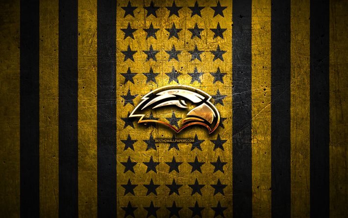 Southern Miss Golden Eagles bayrağı, NCAA, sarı siyah metal arka plan, amerikan futbol takımı, Southern Miss Golden Eagles logosu, ABD, amerikan futbolu, altın logo, Southern Miss Golden Eagles